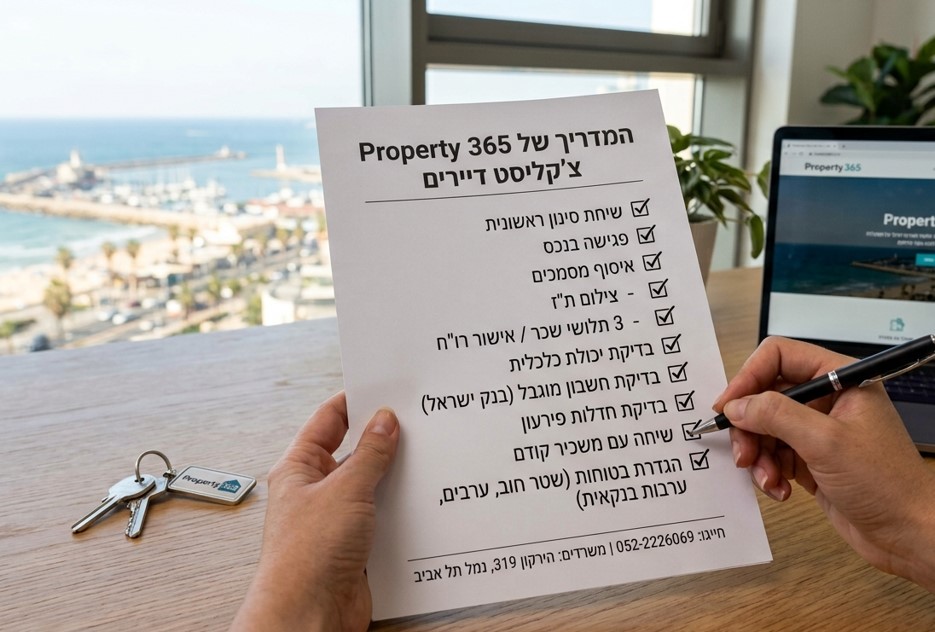 תקריב של ידי אדם המחזיקות וממלאות צ'קליסט דיירים מפורט בעברית מאת "Property 365", עם סימוני V על רוב השלבים. ברקע, חלון גדול הצופה על נוף חוף ים פנורמי, מרינה ועיר חוף. על שולחן העץ מונחים צרור מפתחות ממותג ומחשב נייד המציג את אתר החברה.