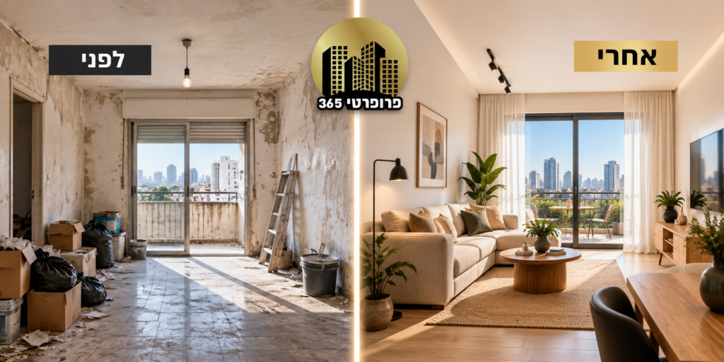 ניהול דירות יורשים תמונת לפני ואחרי של דירה שעברה שדרוג והשבחה, מבית פרופרטי 365.