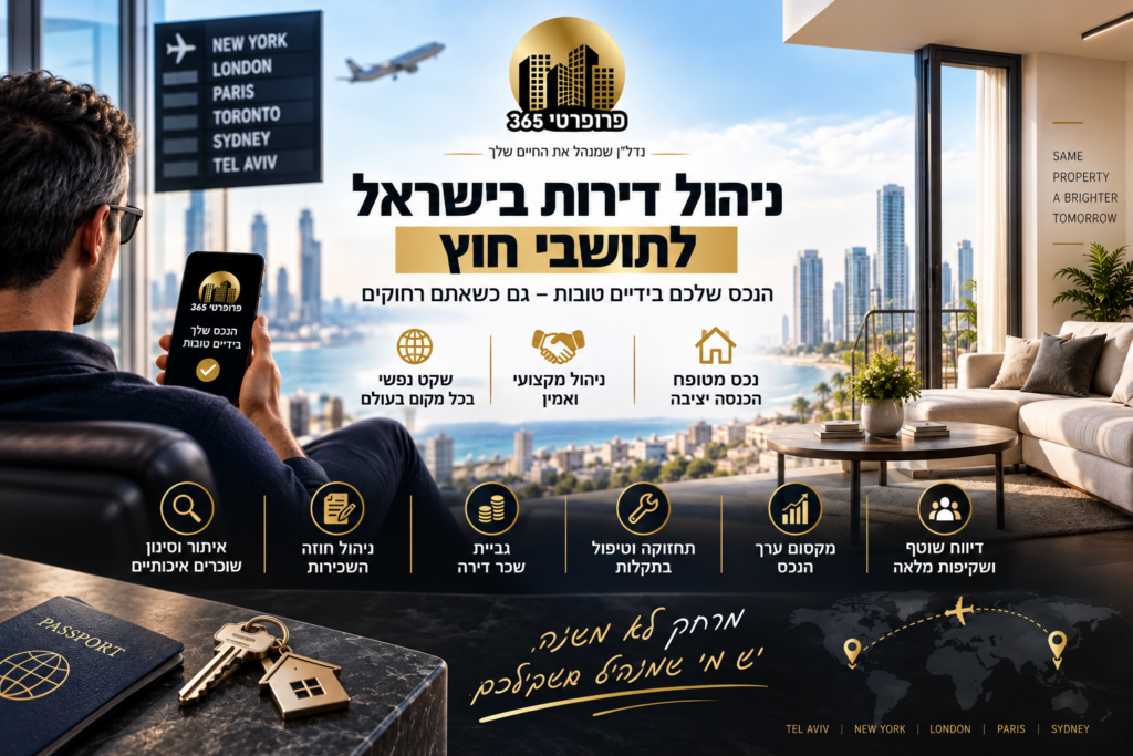 ניהול דירות בישראל לתושבי חוץ פרופרטי 365 מעניקה מעטפת ניהול מלאה הכוללת איתור וסינון שוכרים, ניהול חוזי שכירות, גביית שכר דירה, תחזוקה וטיפול בתקלות, שמירה על ערך הנכס ודיווח שוטף לבעלי הדירות, גם כאשר הם מתגוררים בחו״ל.
