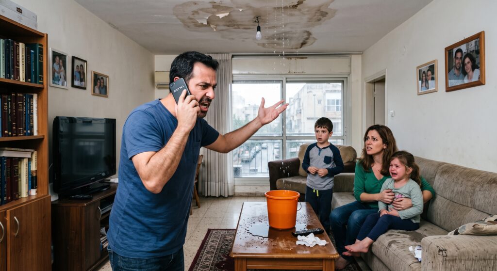 "צילום תיעודי המציג משפחה ישראלית זועמת בדירת מגורים בתל אביב המתמודדת עם נזילת מים חמורה מהתקרה. האב, זועם ומתוסכל, עומד במרכז ומחזיק טלפון סלולרי לאוזנו, כשהוא צועק לתוכו. הטקסט על מסך הטלפון קריא וכתוב בעברית: 'בעל הבית'. האם המודאגת והלחוצה מחזיקה ילדה קטנה בוכה על ספה, וילד נוסף עומד מבולבל וצופה במתרחש. מעליהם, התקרה הישנה, המוכתמת והמתקלפת מטפטפת מים פעילה ישירות לתוך דלי פלסטיק כתום המונח על שולחן קפה עץ. השולחן וסביבתו רטובים. הדירה הפשוטה מציגה פרטים ישראליים טיפוסיים, כמו ספרייה עמוסה (עם ספרים בעברית), טלוויזיה ישנה, תמונות משפחתיות על הקיר וחלון המציג רחוב עירוני רטוב. התמונה מעבירה תחושה של דחיפות, תסכול וכאוס משפחתי."