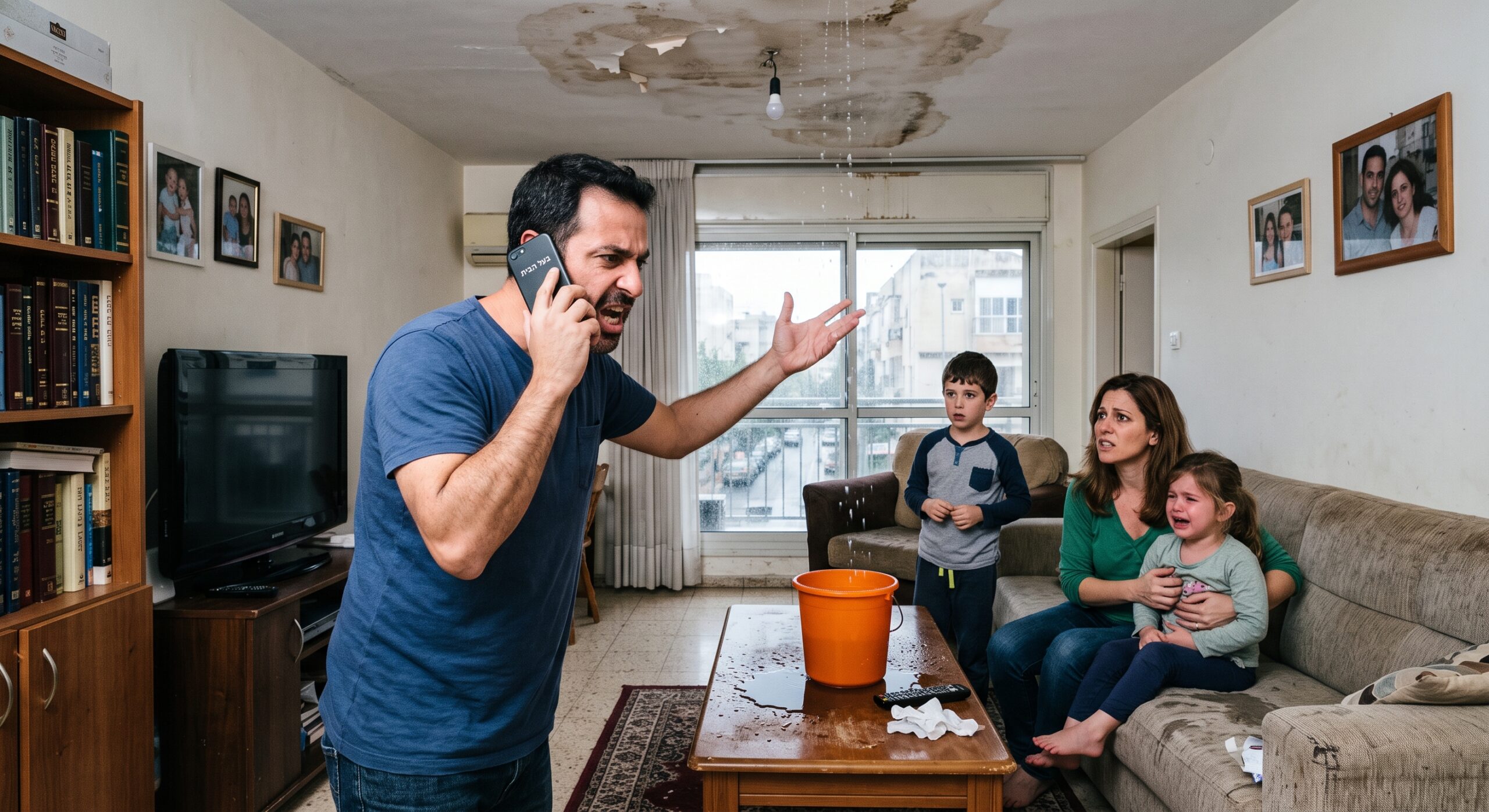 "צילום תיעודי המציג משפחה ישראלית זועמת בדירת מגורים בתל אביב המתמודדת עם נזילת מים חמורה מהתקרה. האב, זועם ומתוסכל, עומד במרכז ומחזיק טלפון סלולרי לאוזנו, כשהוא צועק לתוכו. הטקסט על מסך הטלפון קריא וכתוב בעברית: 'בעל הבית'. האם המודאגת והלחוצה מחזיקה ילדה קטנה בוכה על ספה, וילד נוסף עומד מבולבל וצופה במתרחש. מעליהם, התקרה הישנה, המוכתמת והמתקלפת מטפטפת מים פעילה ישירות לתוך דלי פלסטיק כתום המונח על שולחן קפה עץ. השולחן וסביבתו רטובים. הדירה הפשוטה מציגה פרטים ישראליים טיפוסיים, כמו ספרייה עמוסה (עם ספרים בעברית), טלוויזיה ישנה, תמונות משפחתיות על הקיר וחלון המציג רחוב עירוני רטוב. התמונה מעבירה תחושה של דחיפות, תסכול וכאוס משפחתי."
