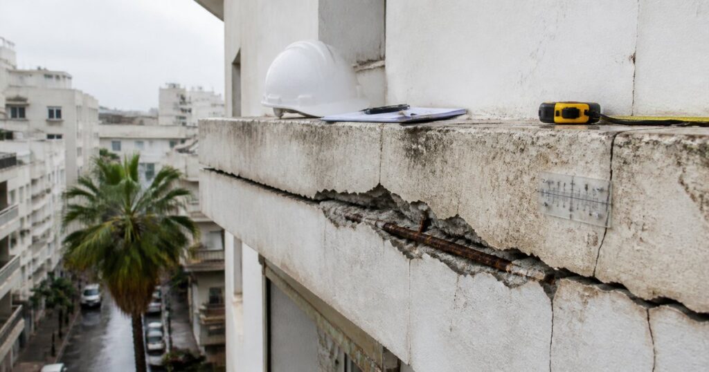 מרפסת סדוקה עם ברזל זיון חלוד בבניין מגורים ישן בתל אביב, לצד כלי מדידה וקסדה – בדיקה הנדסית של מבנה מסוכן בבית משותף