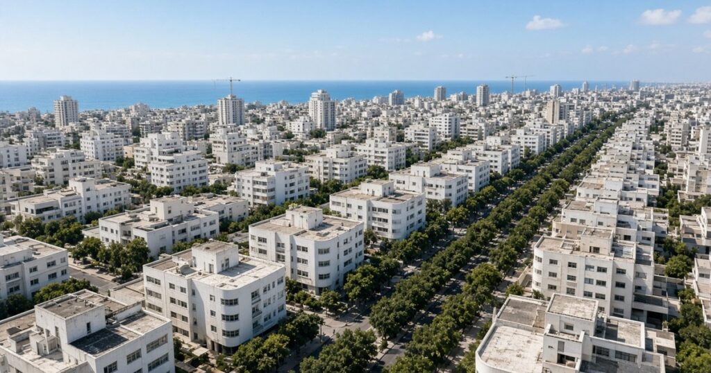 מבט אווירי על בניינים לבנים במרכז תל אביב ועגורני בנייה – תוכנית רובעים 5-6 למוכרים ולקונים